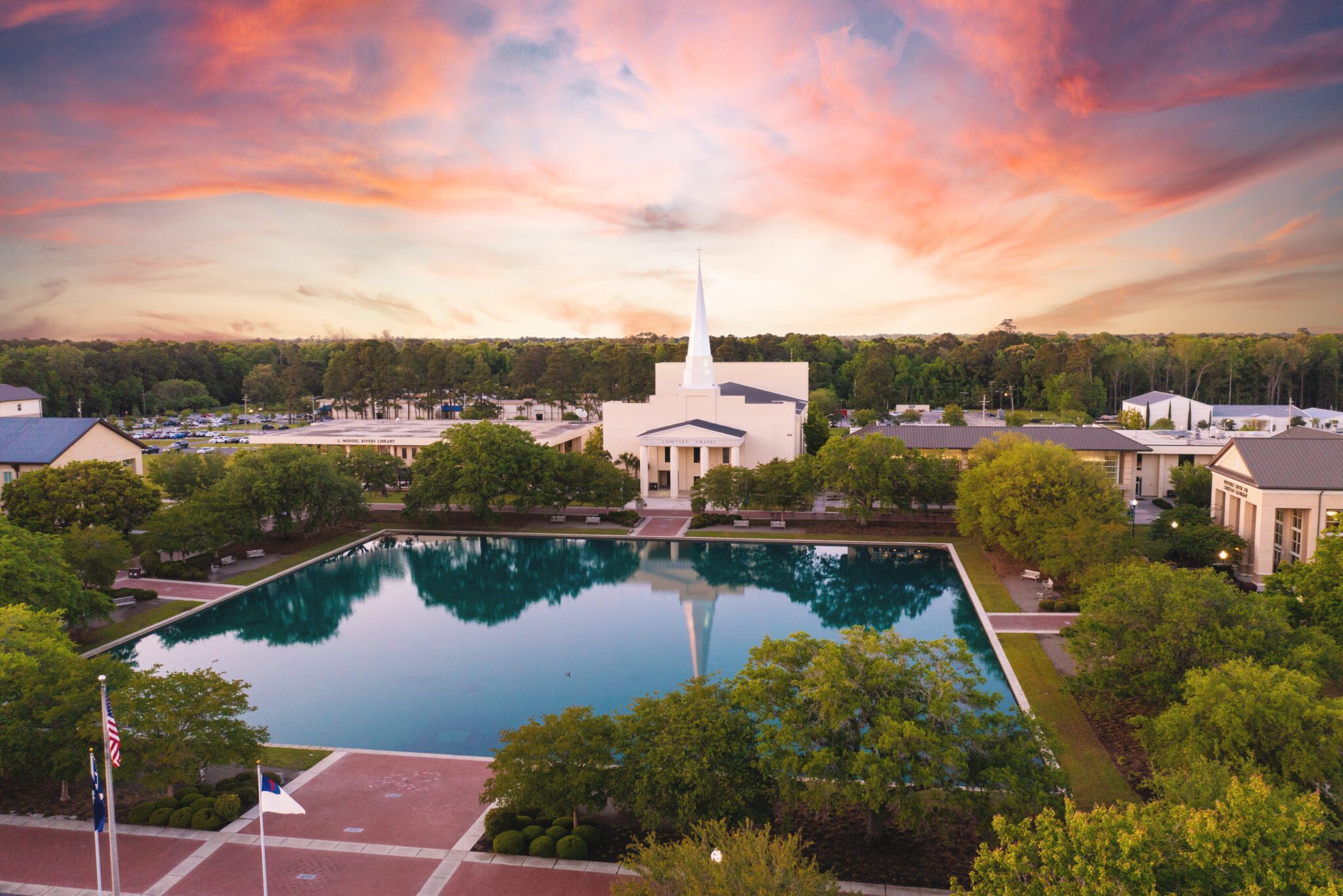 Sunset on campus with the point and chapel