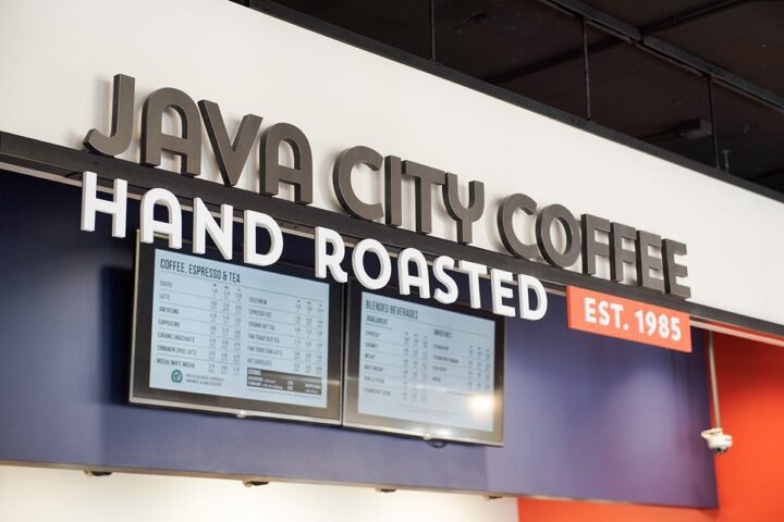 The Java City sign and menu inside Java City